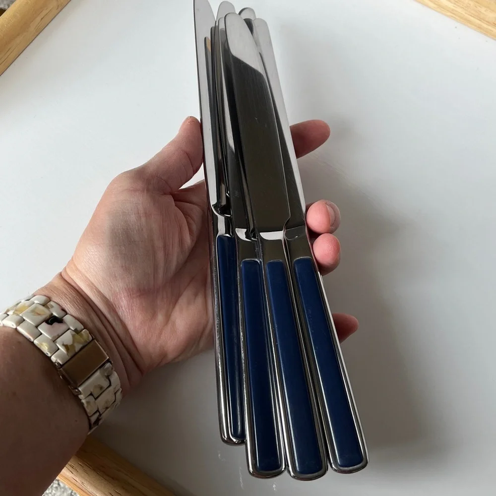 Set of 8 Seed Inox France Stainless Steel Dinner Knives Blue Handle